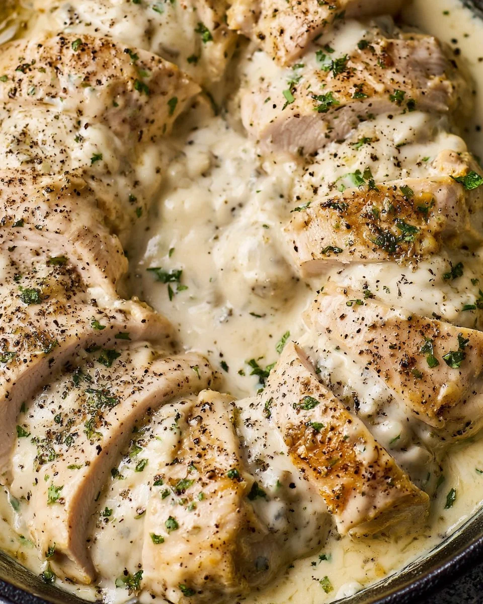 Delicious mozzarella stuffed chicken breast garnished with herbs