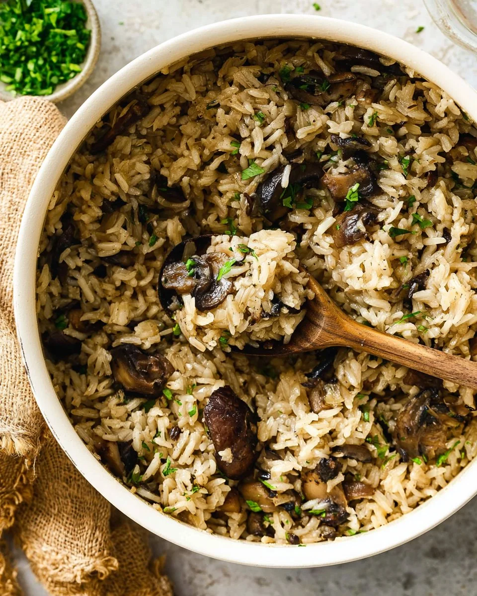 Delicious bowl of mushroom rice garnished with fresh herbs