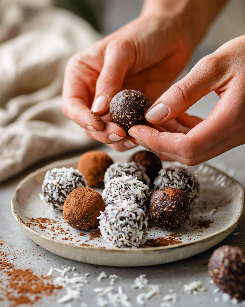 No bake brownie energy balls made with cocoa, nuts, and oats for a healthy snack