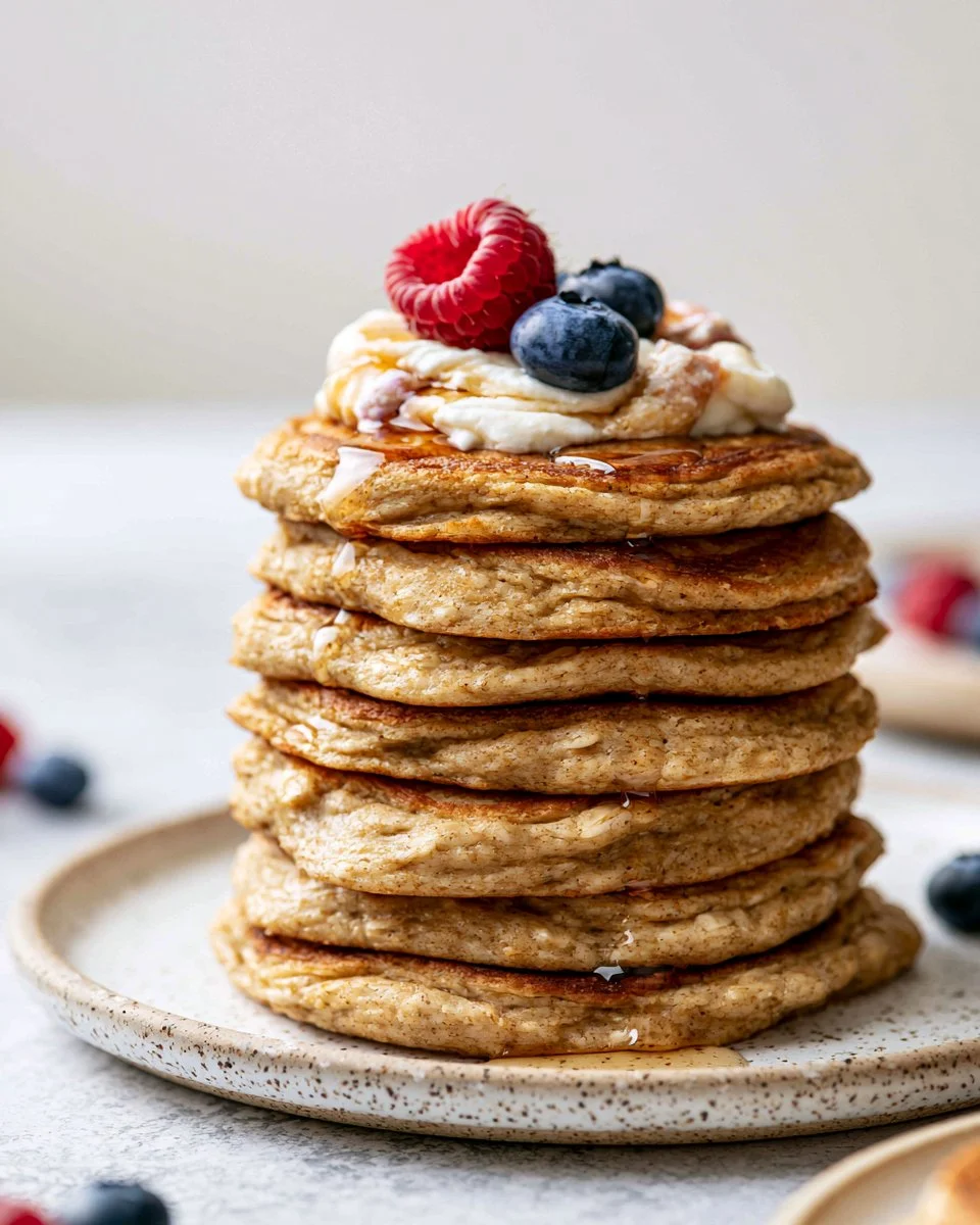 Stack of fluffy oat flour pancakes topped with fresh berries and syrup