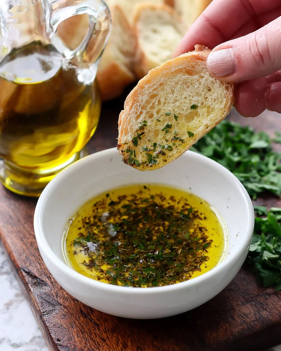 A bowl of olive oil bread dip with herbs and spices, perfect for dipping fresh bread.