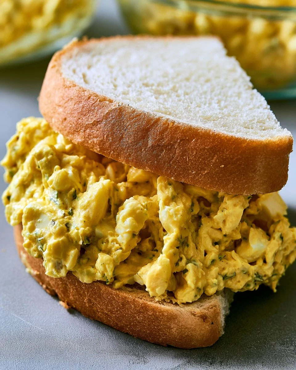 One Pan Egg Salad Sandwich recipe featuring creamy egg salad on bread.