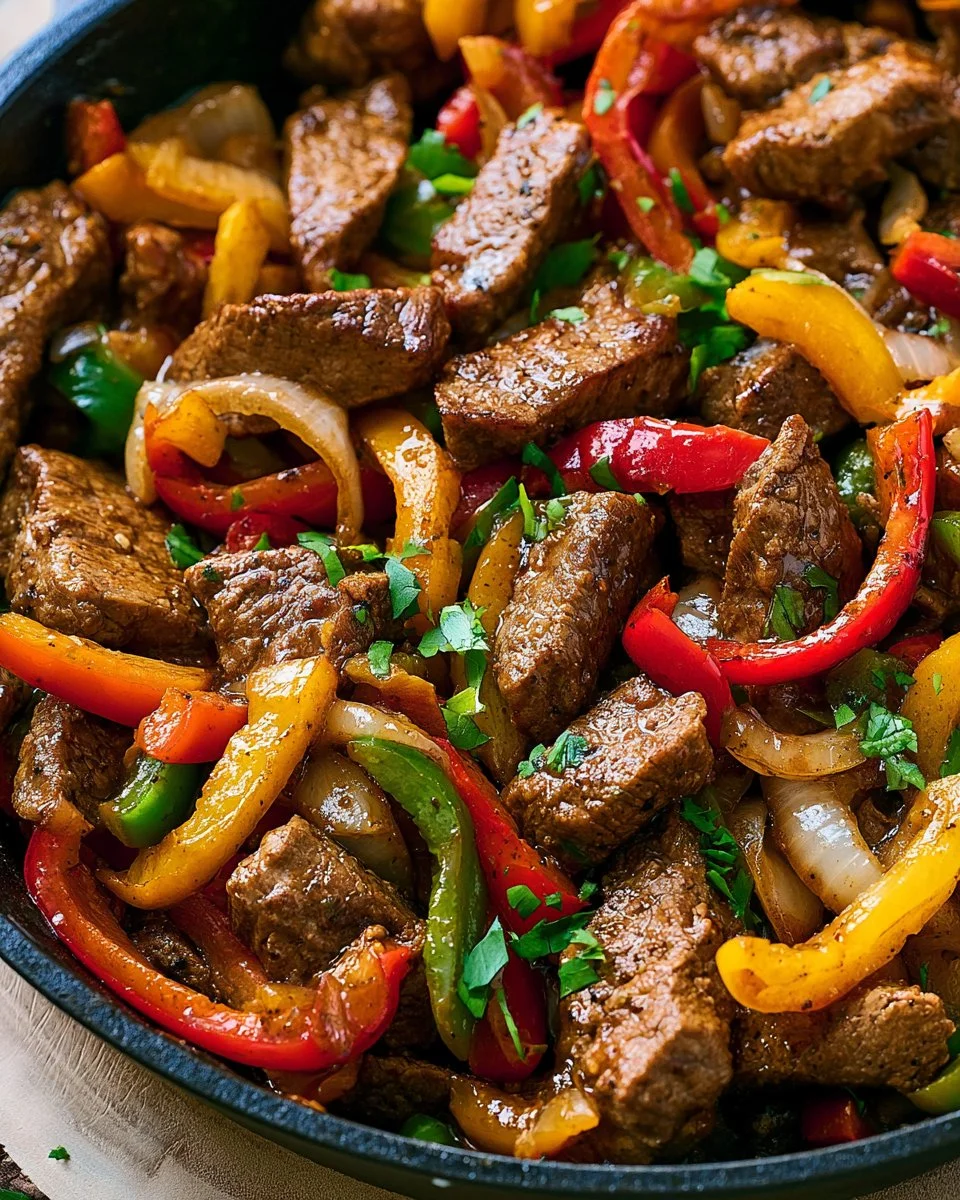 One Pan Pepper Steak Recipe with colorful bell peppers and sliced beef