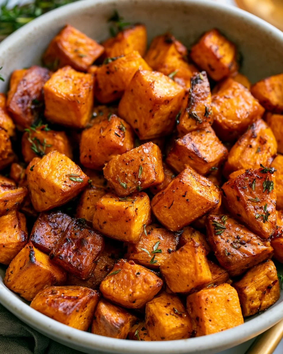 Bowl of flavorful one pan roasted sweet potatoes garnished with herbs