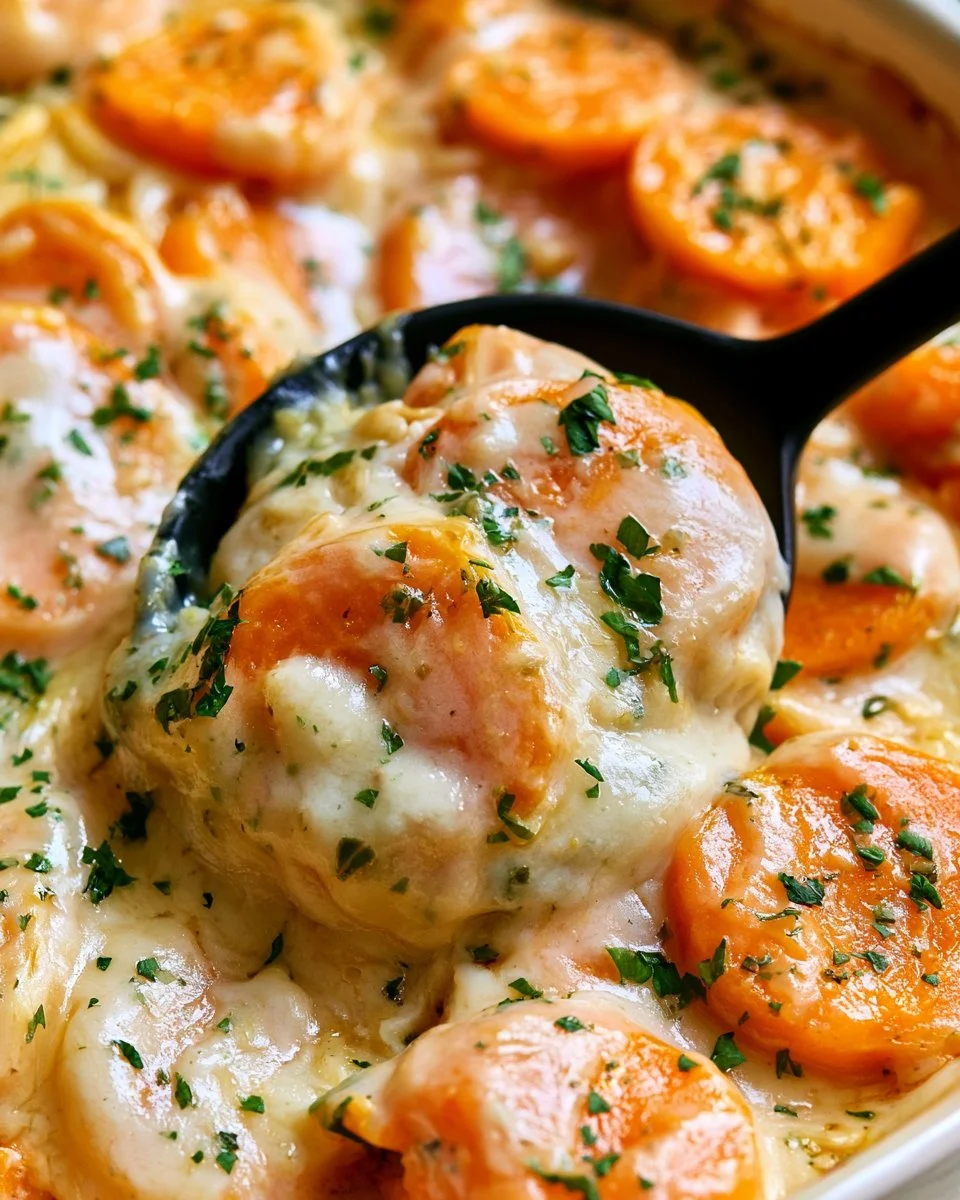 One Pan Scalloped Sweet Potatoes recipe with layers of sweet potatoes and creamy sauce