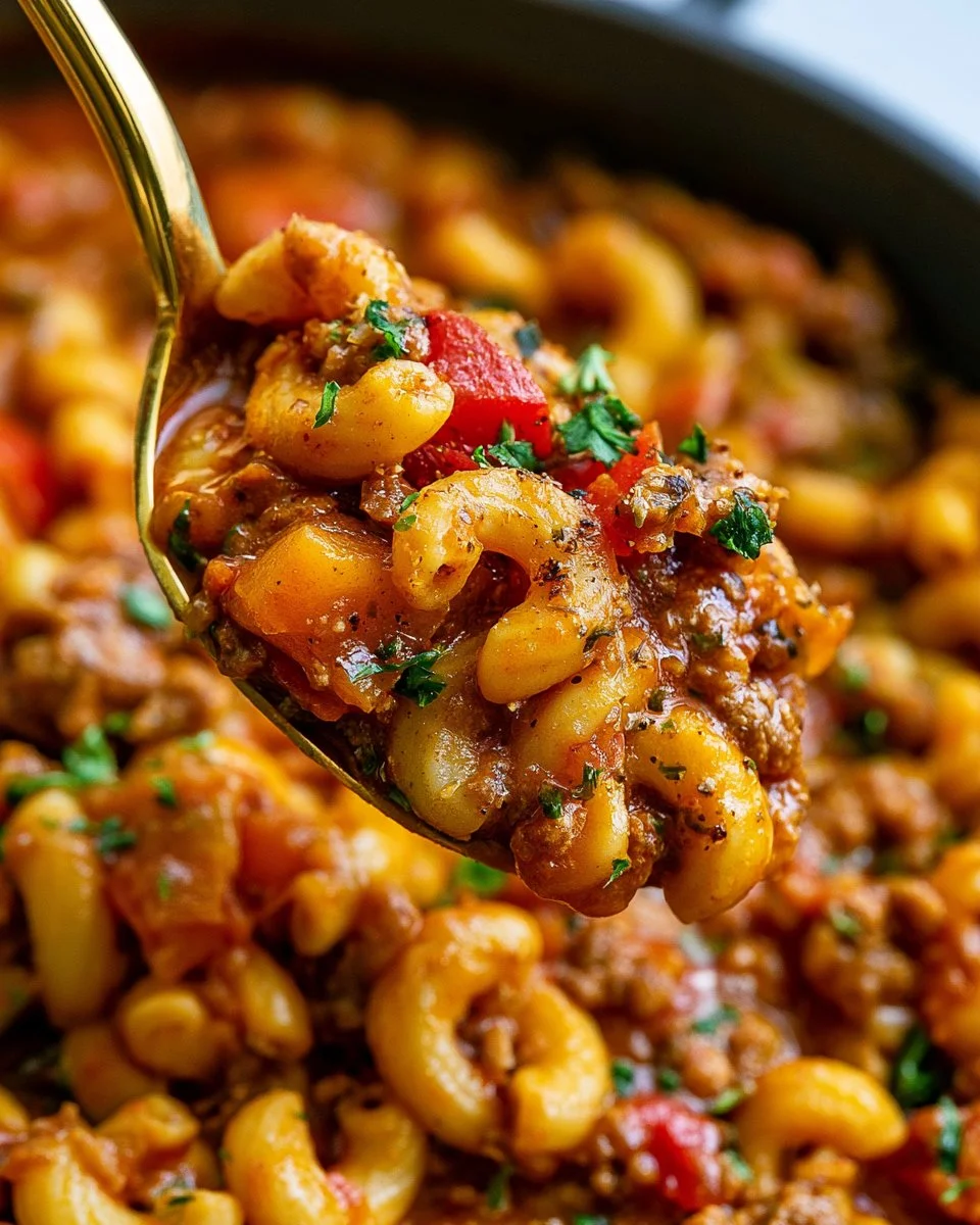 One pot American goulash recipe with pasta, ground beef, and tomato sauce