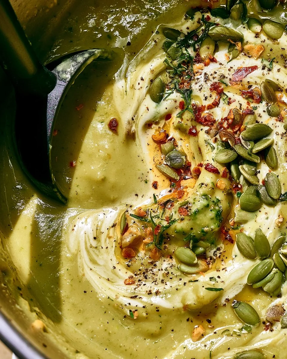 Creamy one pot broccoli soup in a bowl, garnished with fresh herbs