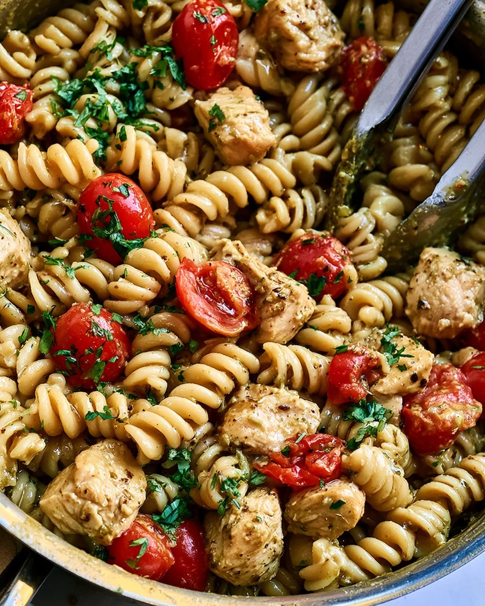 One Pot Chicken Pesto Pasta featuring chicken, pesto, and creamy pasta.