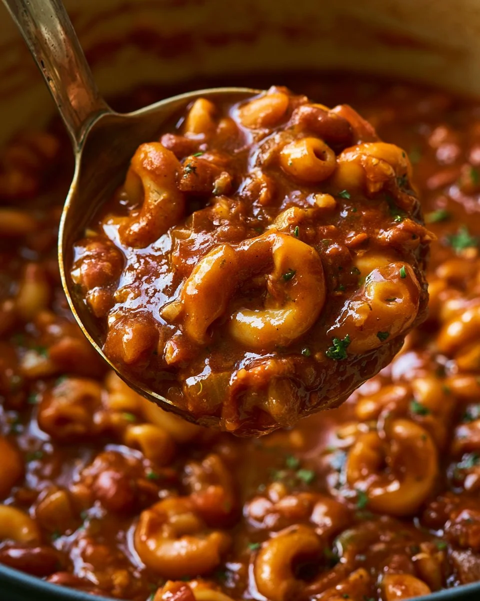 Delicious one pot chili mac served in a bowl with melted cheese and toppings.