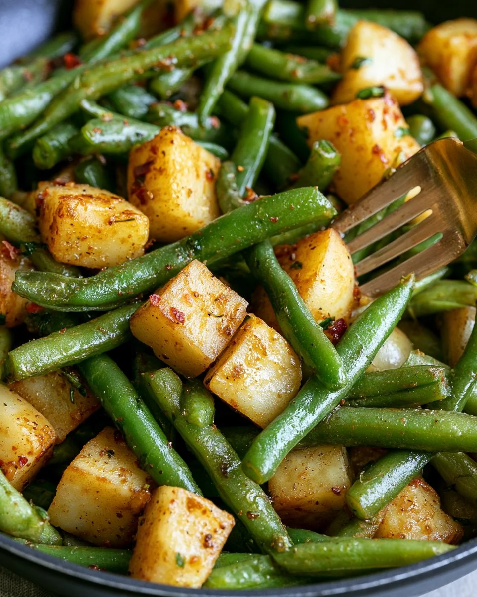 One pot green beans and potatoes dish garnished with herbs.