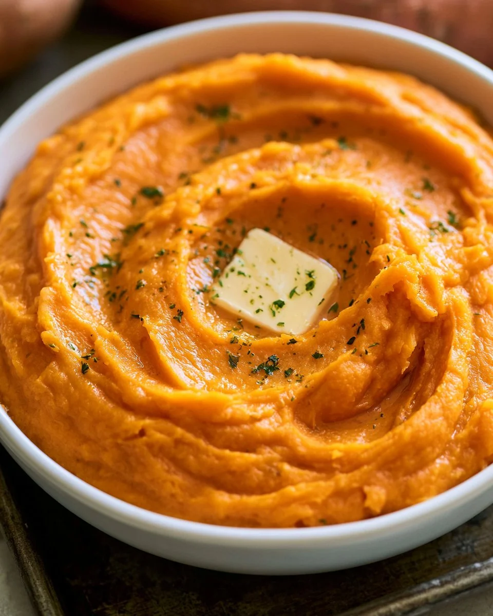 Creamy one pot mashed sweet potatoes ready to serve.
