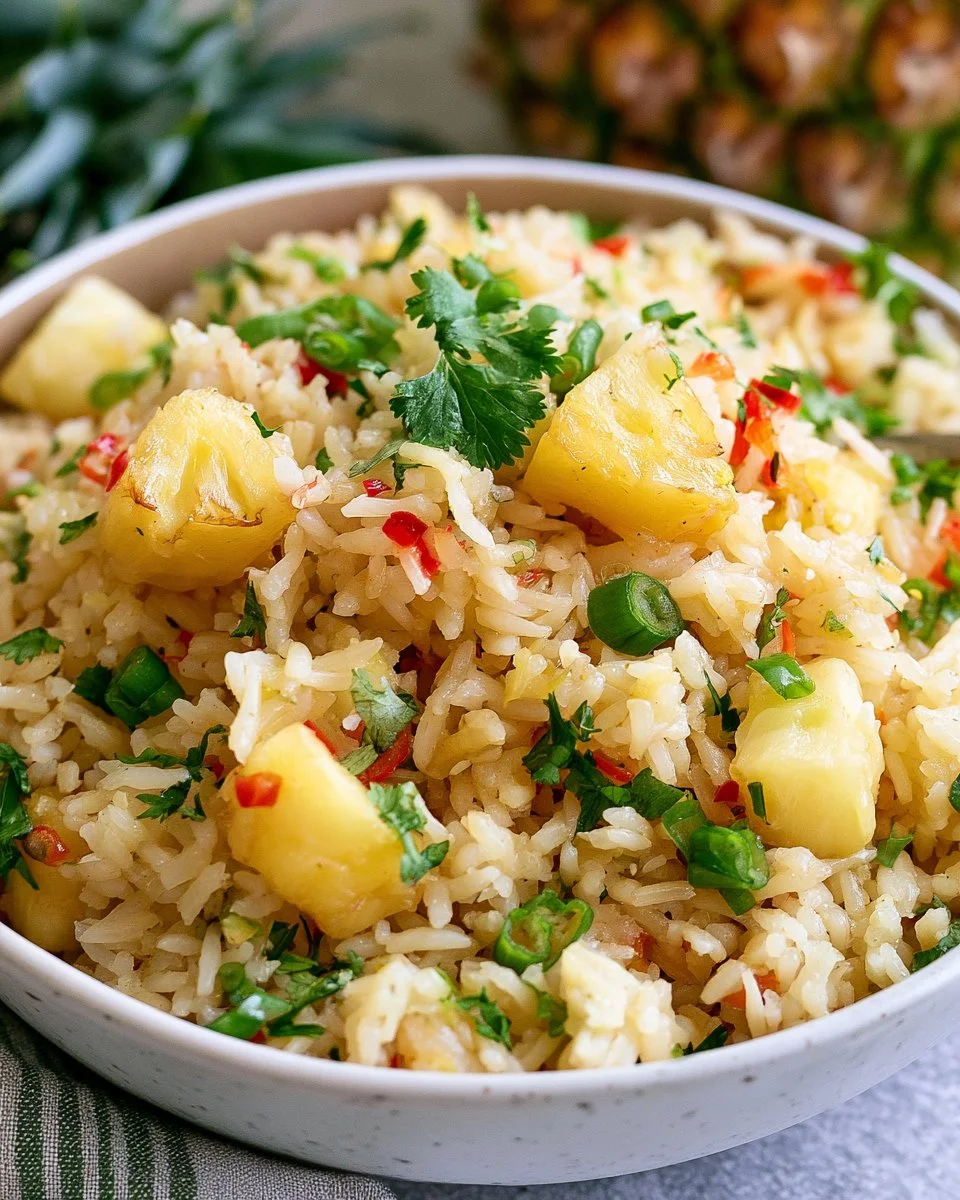 One pot pineapple rice dish garnished with fresh herbs
