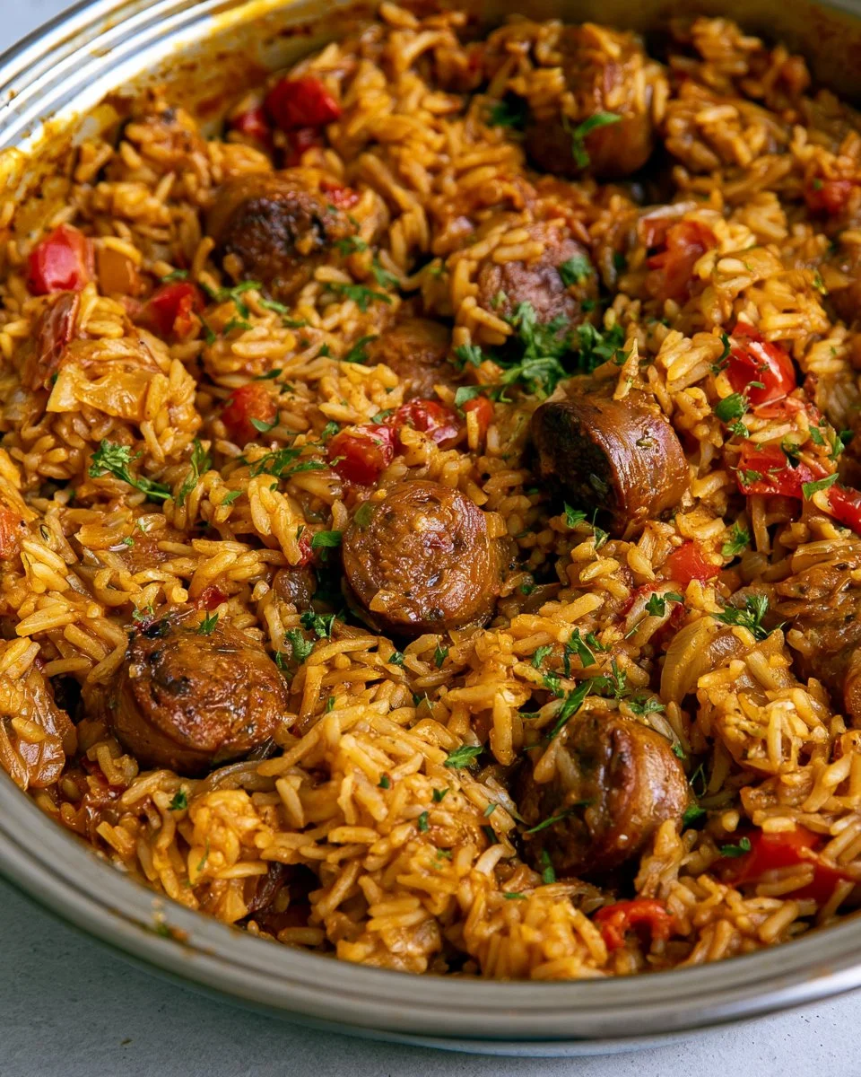 One Pot Sausage and Rice dish served in a bowl with fresh herbs