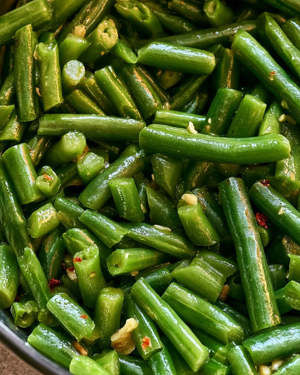 One pot sautéed green beans recipe with vibrant, fresh green beans cooked in a skillet.