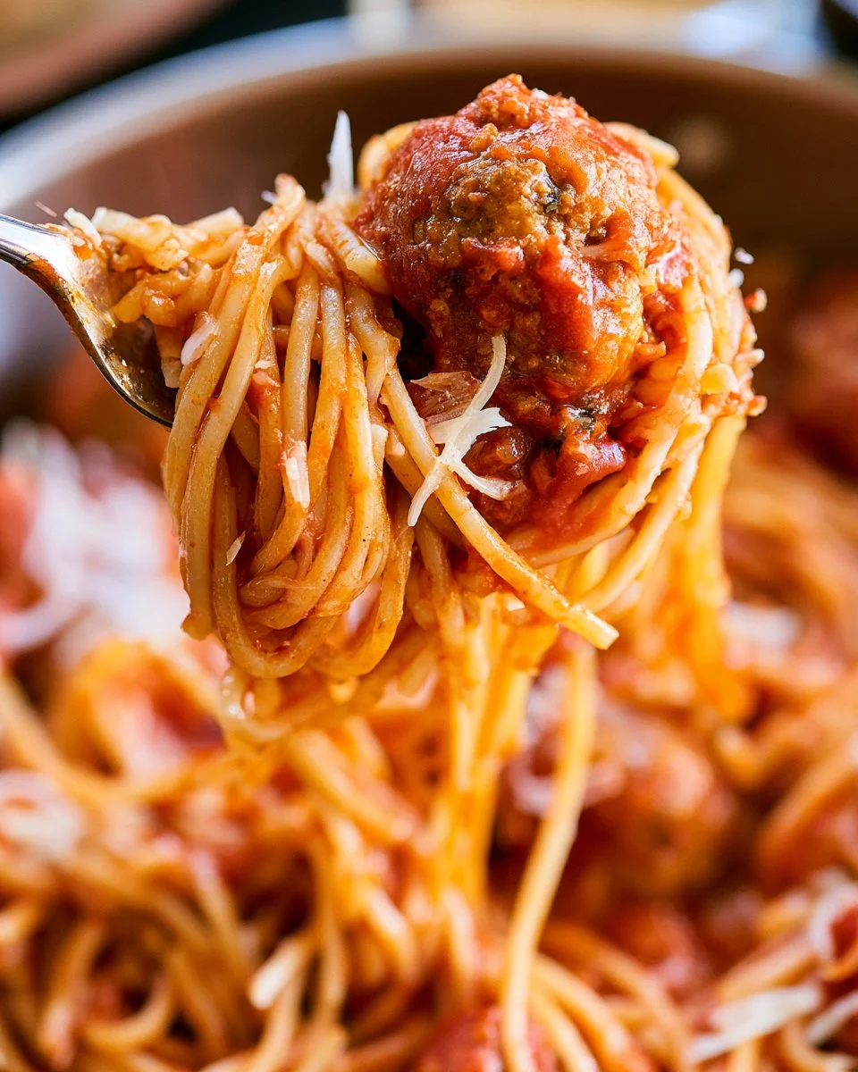 One Pot Spaghetti and Meatballs served in a bowl with fresh herbs