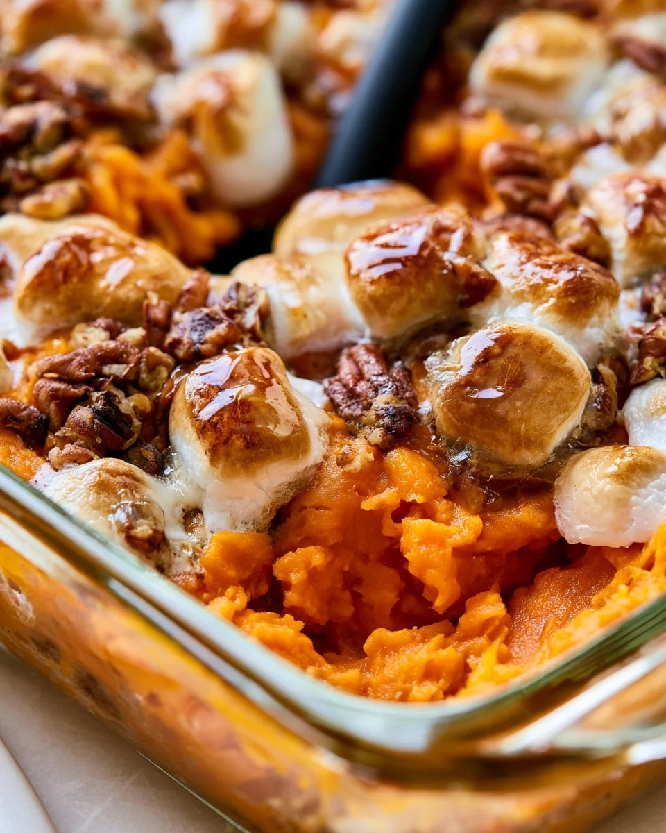 Delicious one pot sweet potato casserole topped with marshmallows and pecans