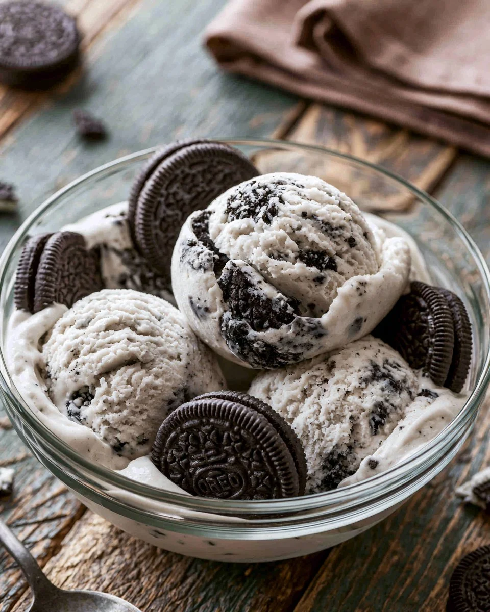 Bowl of homemade Oreo cookie ice cream topped with crushed Oreos.