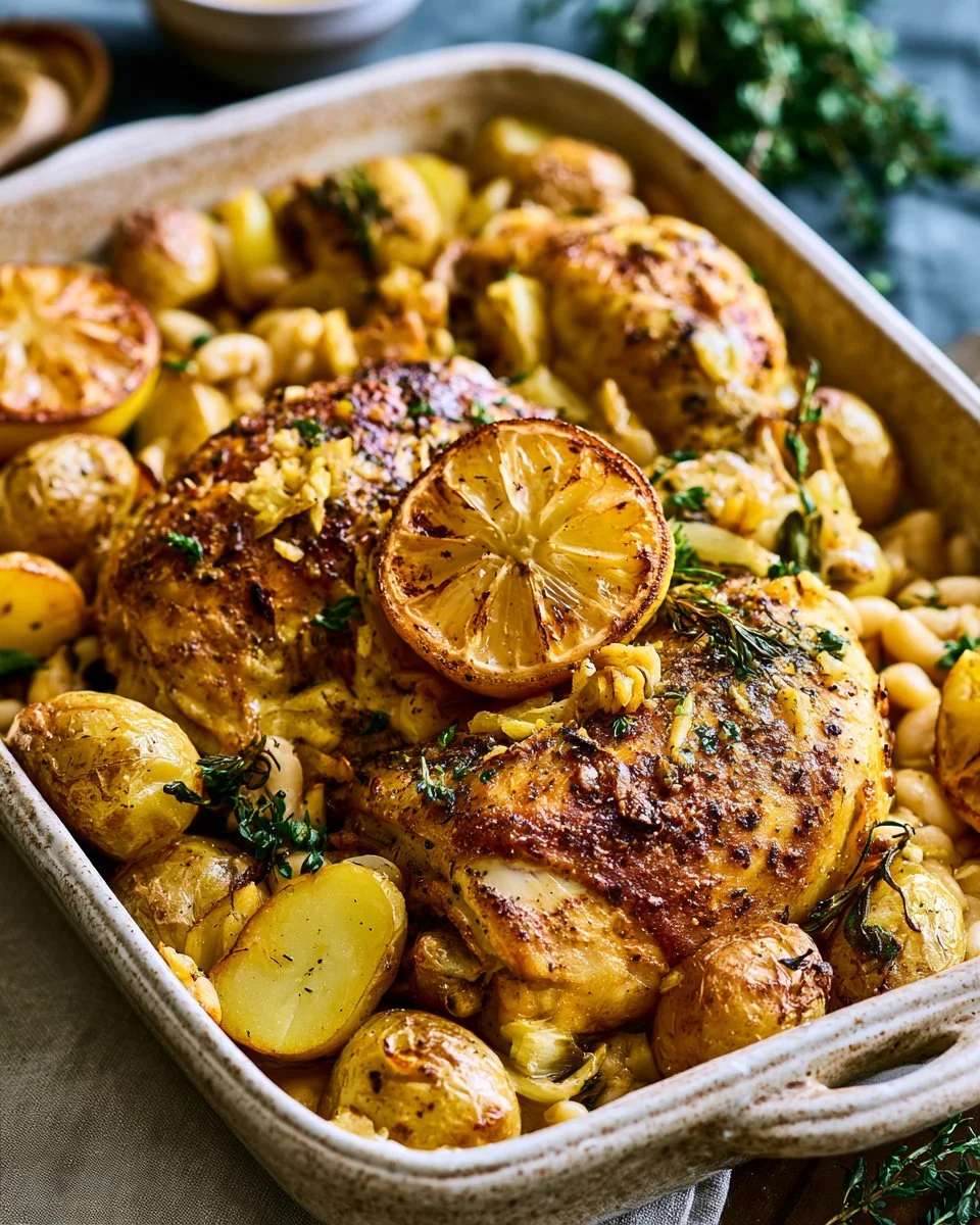 Oven roasted chicken served with potatoes and white beans on a plate