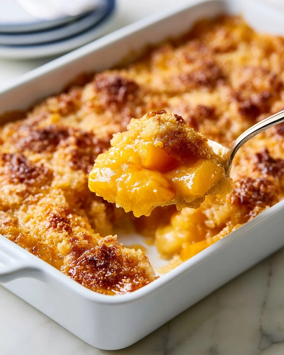 Delicious homemade Peach Cobbler dessert served in a baking dish