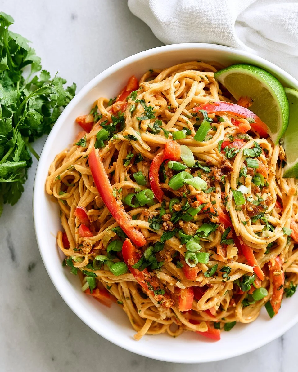 Delicious bowl of peanut butter noodles topped with fresh veggies and herbs.