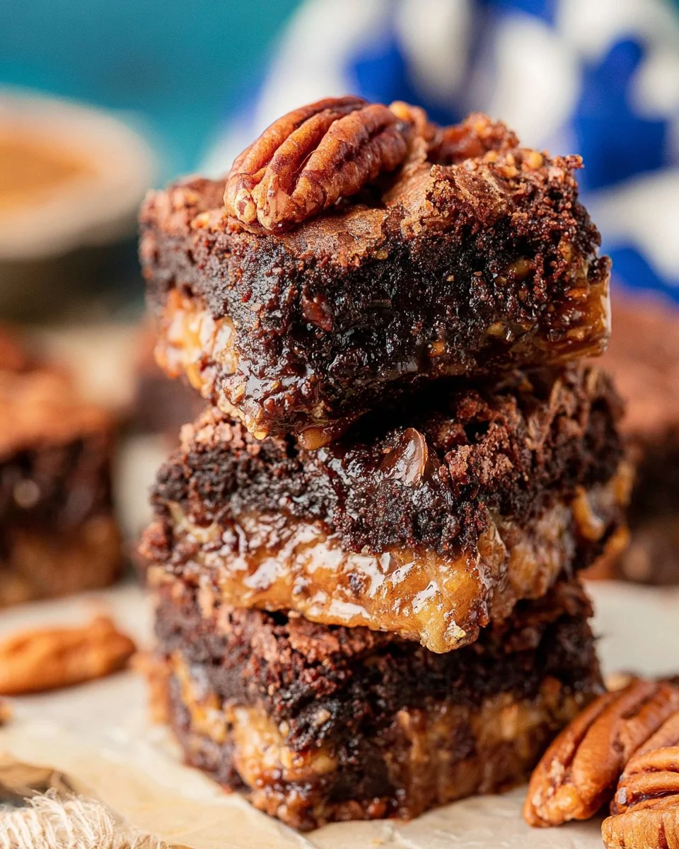 Delicious pecan pie brownies topped with chopped pecans and chocolate drizzle
