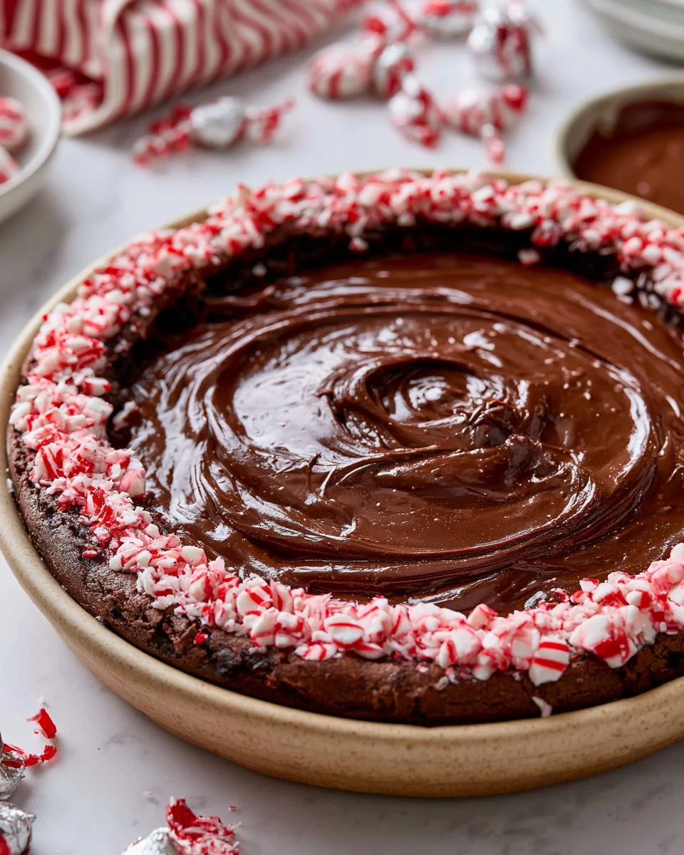 Delicious peppermint brownie pie with a rich chocolate layer and festive decorations.