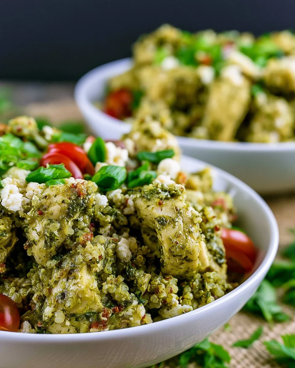Plate of Pesto Chicken Quinoa with fresh basil and cherry tomatoes