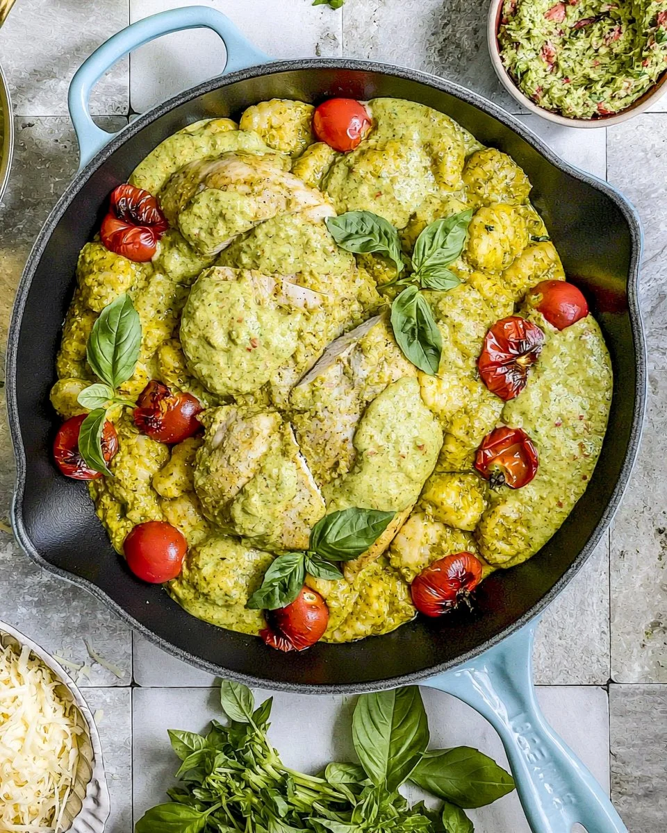 Pesto Gnocchi with Chicken plated on a rustic table