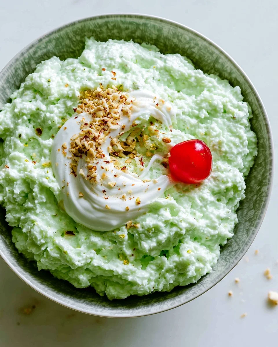 Delicious Pistachio Pudding Salad served in a bowl with nuts and whipped cream.