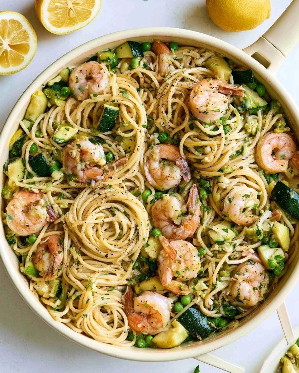 Delicious prawn pasta served with aromatic herbs and spices