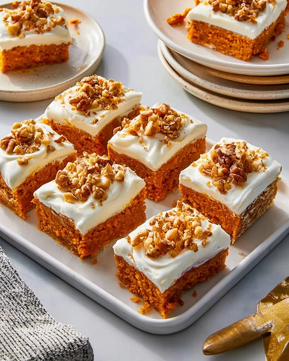 Delicious pumpkin bars topped with cream cheese frosting on a wooden table