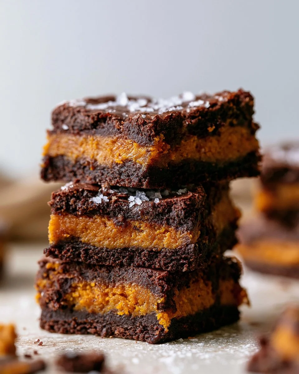 Delicious homemade Pumpkin Brownies served on a plate with chocolate drizzle.