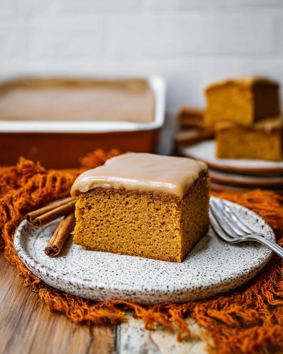 Delicious Pumpkin Cake topped with creamy Brown Sugar Frosting