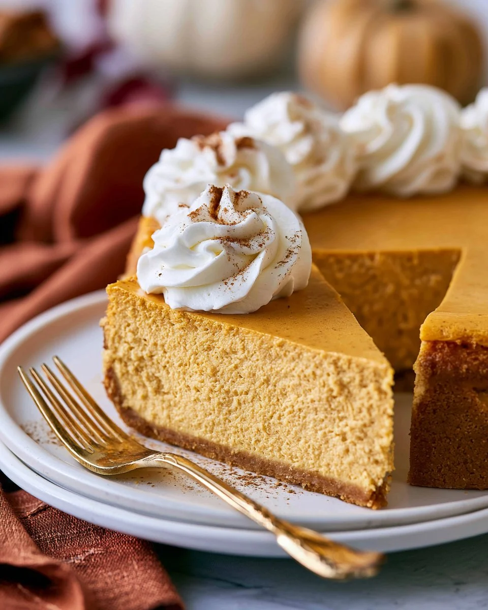 Delicious slice of Pumpkin Cheesecake topped with whipped cream and spices