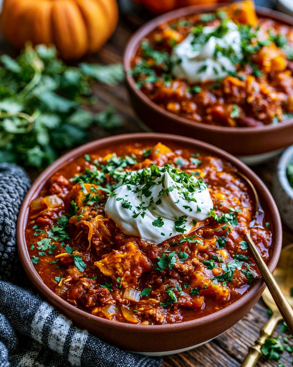 Bowl of hearty pumpkin chili garnished with fresh herbs and spices
