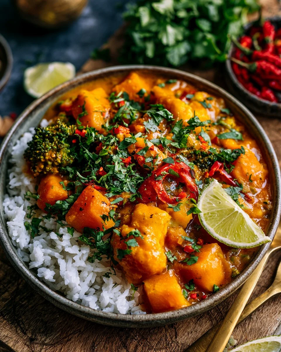 Delicious pumpkin curry in a bowl garnished with fresh herbs