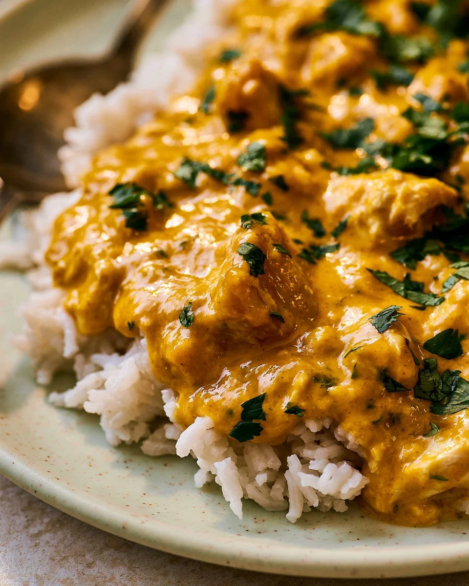 A bowl of pumpkin curry with chicken, garnished with fresh herbs.