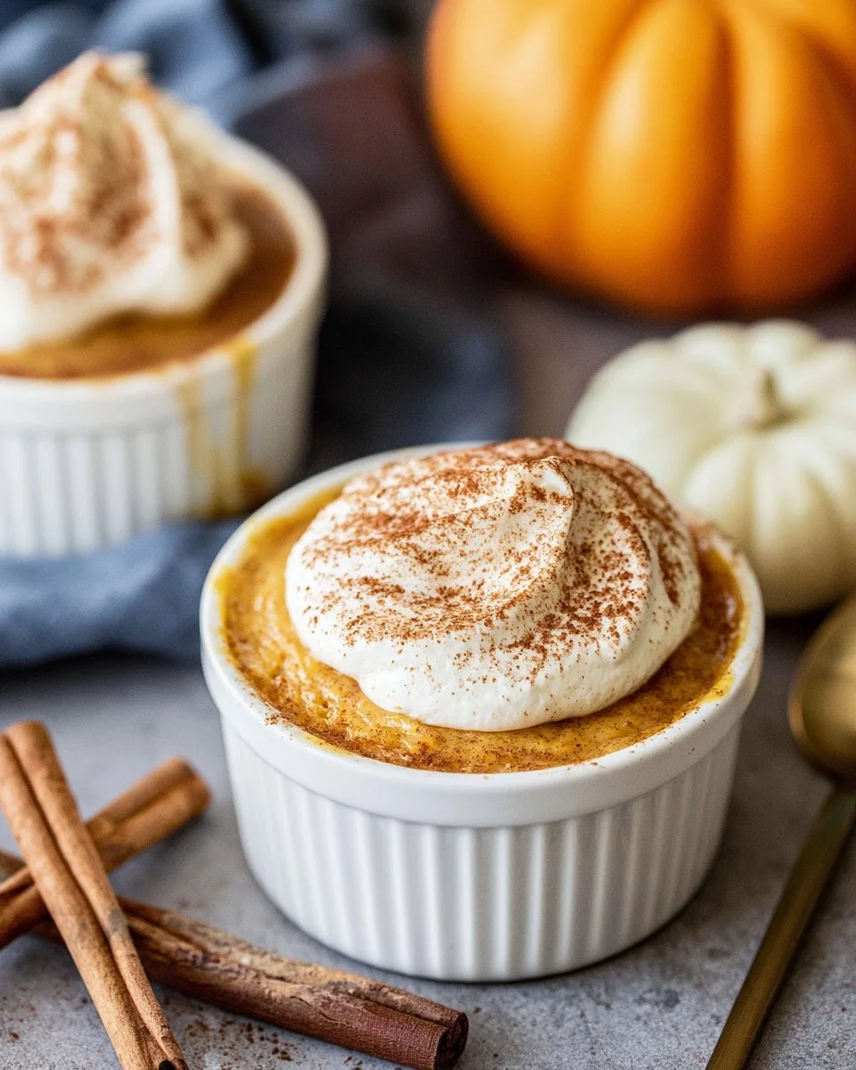 Delicious pumpkin custard in a serving dish, garnished with spices.