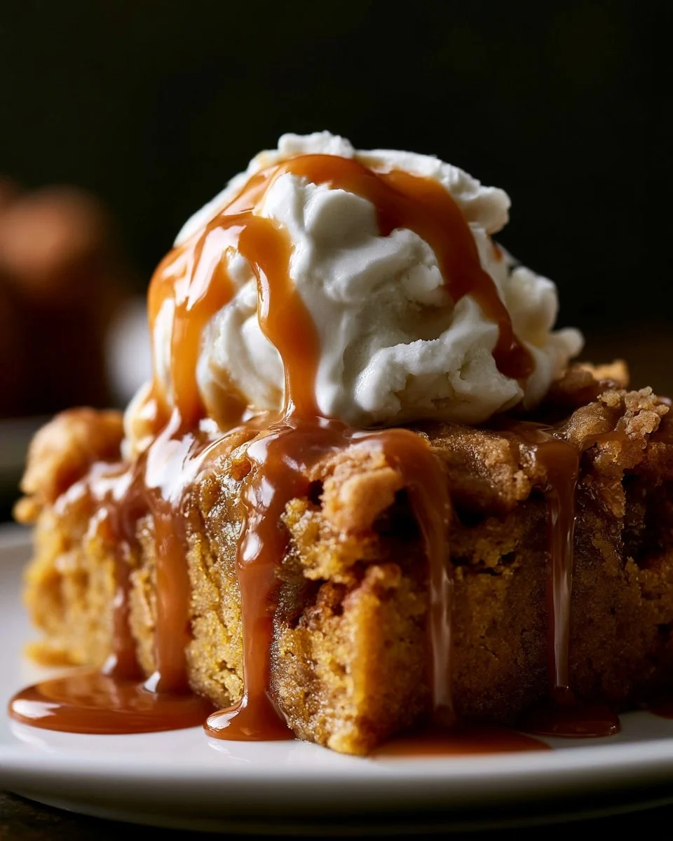 Delicious Pumpkin Dump Cake topped with whipped cream and spices
