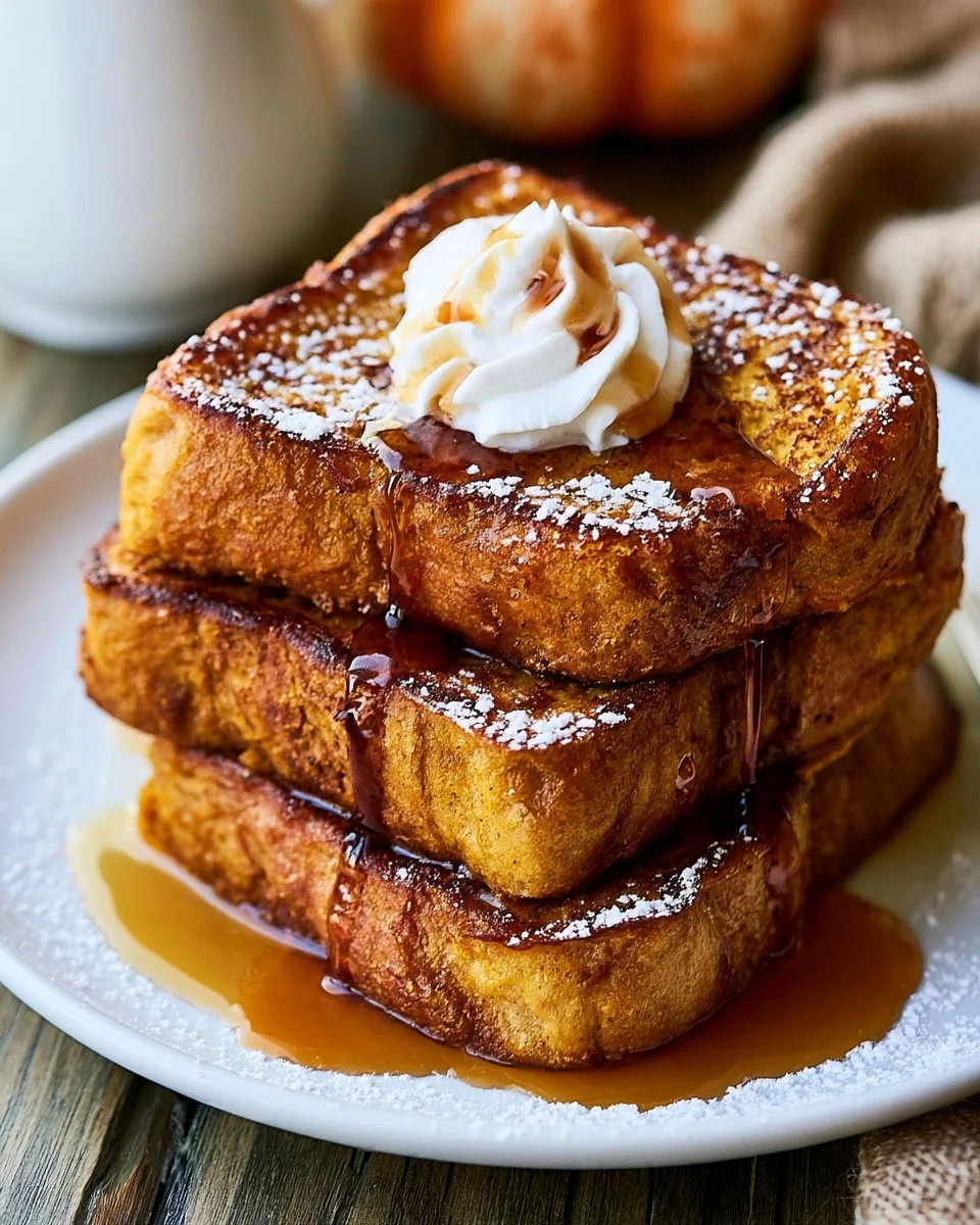 Delicious Pumpkin French Toast served with syrup and powdered sugar.