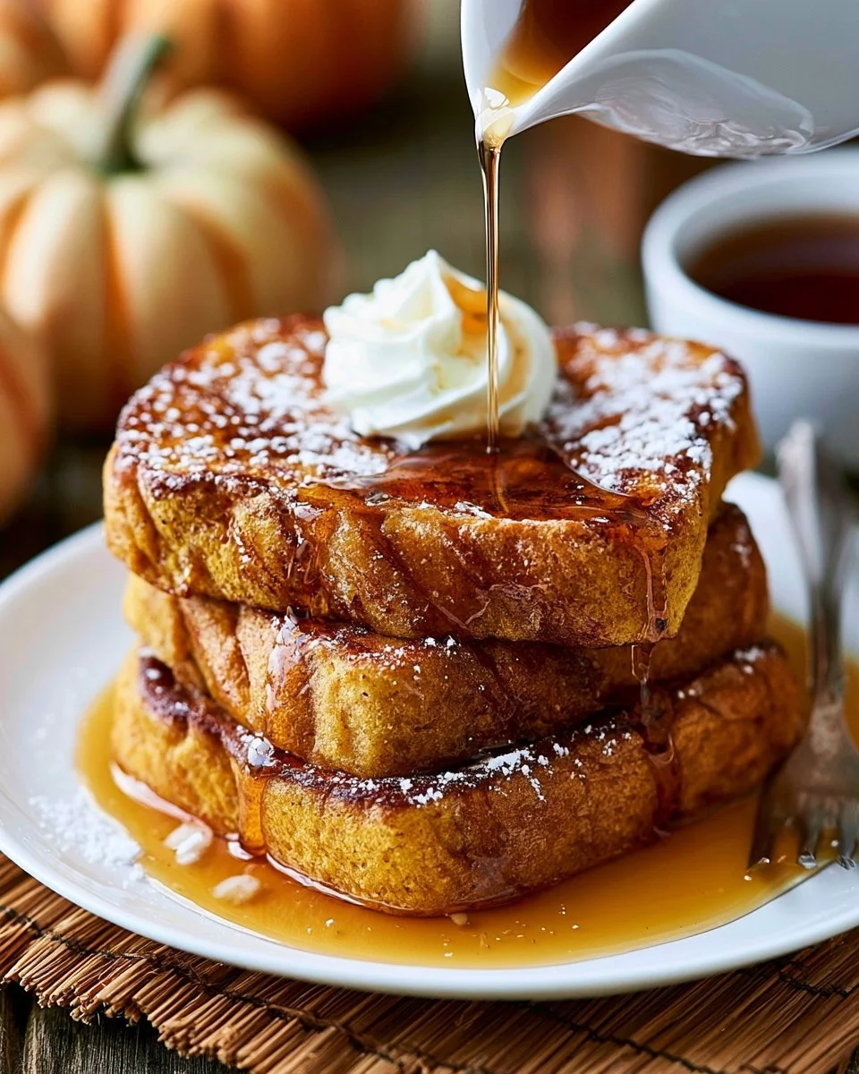 Deliciously golden Pumpkin French Toast with maple syrup and cinnamon