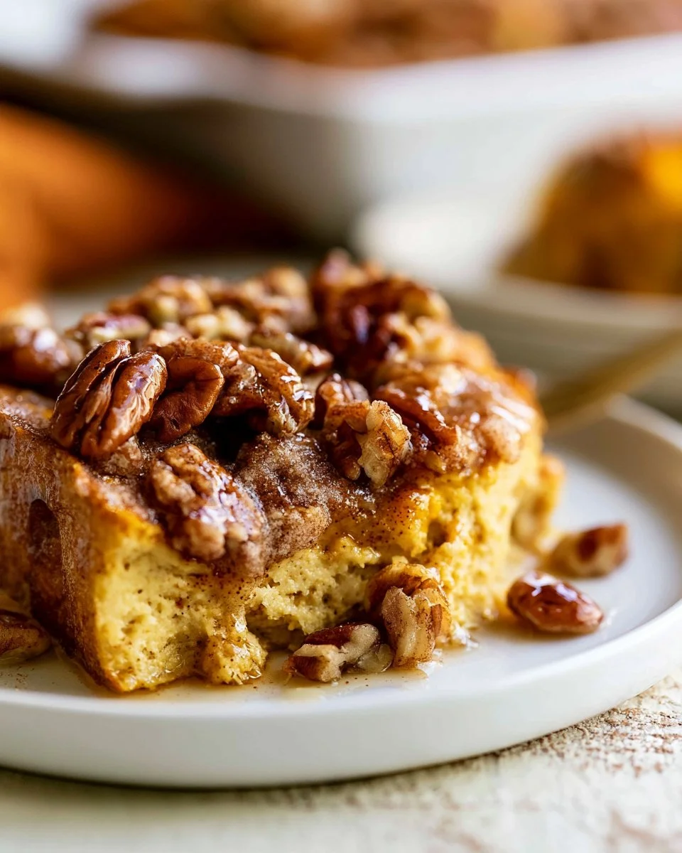 Pumpkin French Toast Casserole topped with maple syrup and whipped cream