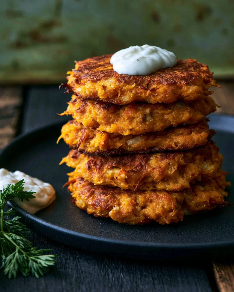 Golden brown pumpkin fritters served on a plate, garnished with herbs.