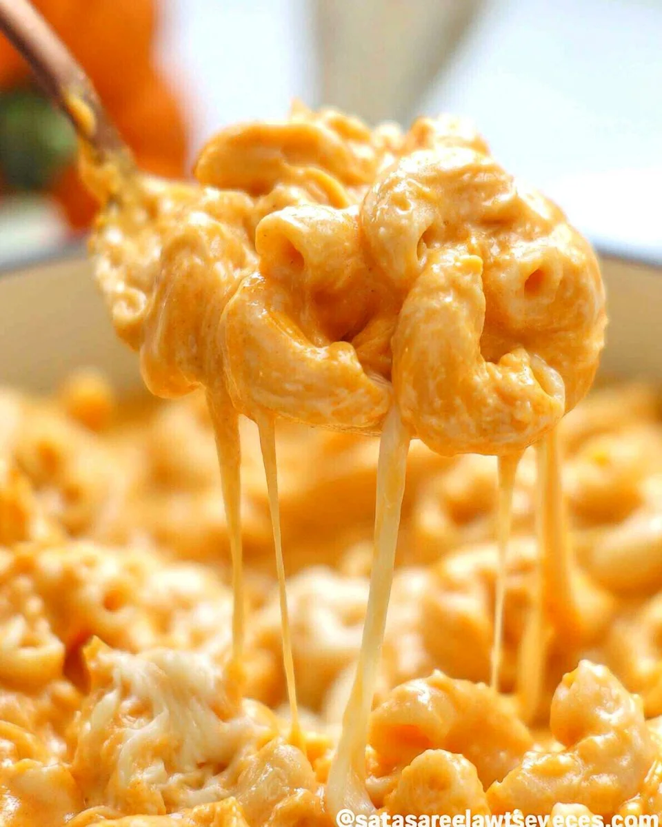 Creamy Pumpkin Mac and Cheese served with a sprinkle of herbs on a plate