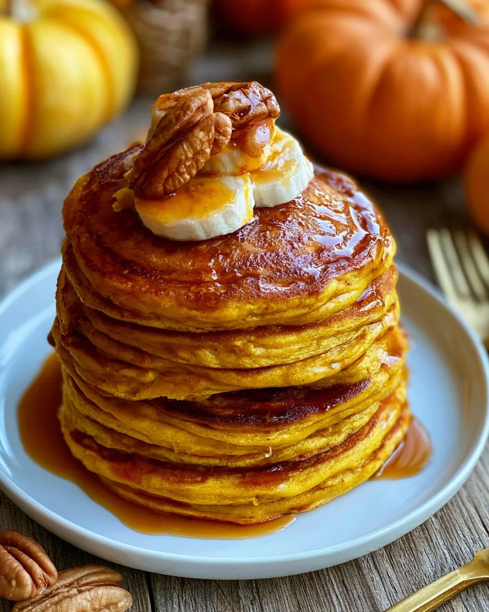 Fluffy pumpkin pancakes topped with syrup and whipped cream