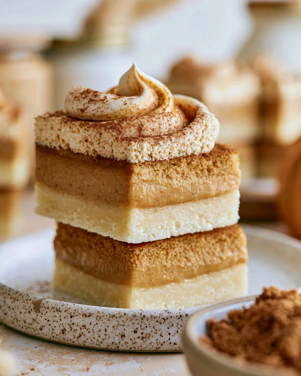 Delicious Pumpkin Pie Bars topped with whipped cream and spices.