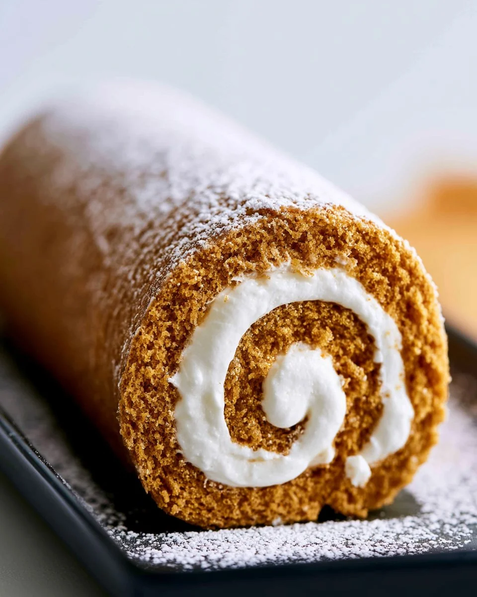Delicious homemade pumpkin roll dessert with cream filling on a wooden table