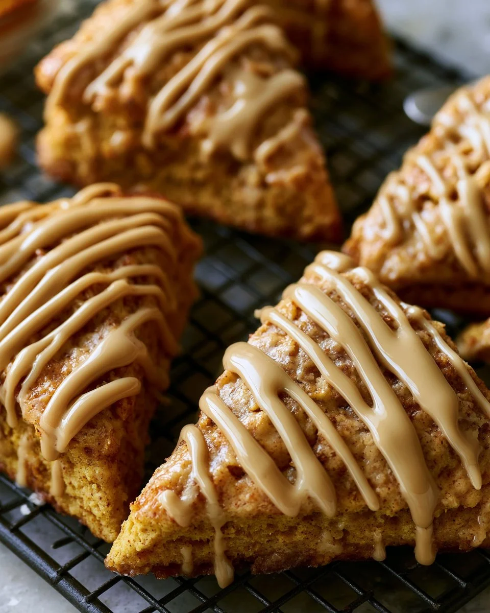 Delicious pumpkin scones topped with glaze and sprinkled with spices