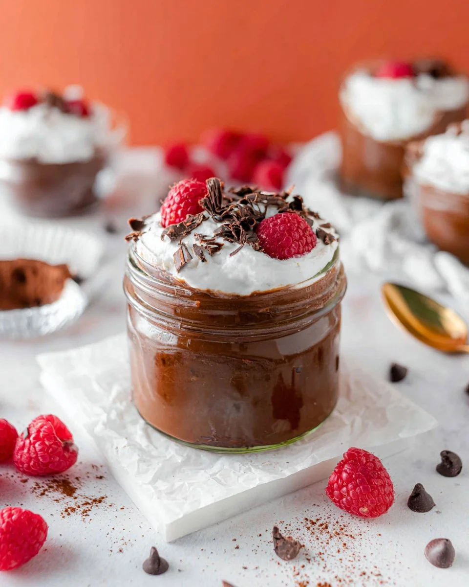Delicious quick chocolate avocado pudding topped with berries and mint