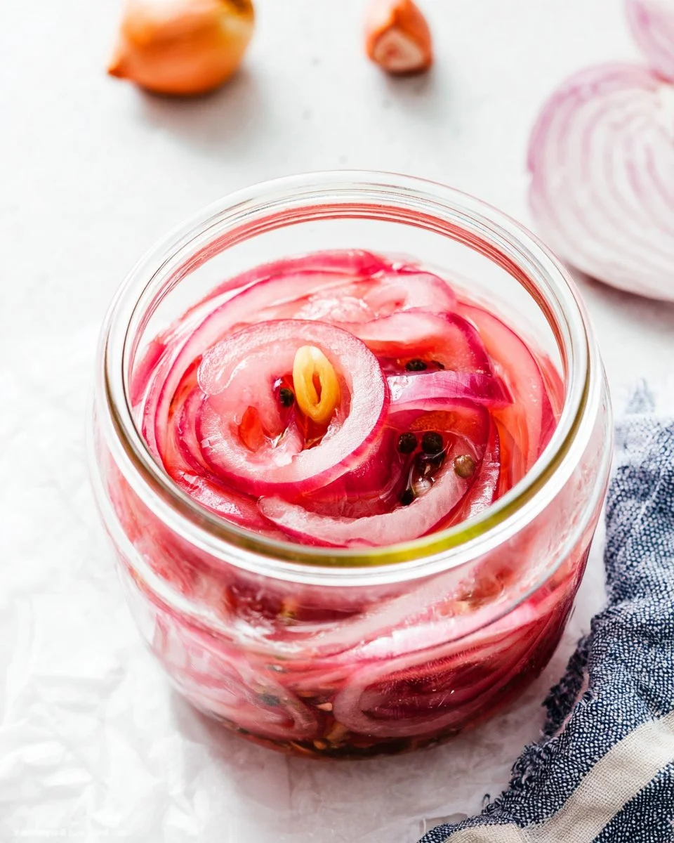 Jar of quick pickled red onions on a kitchen counter